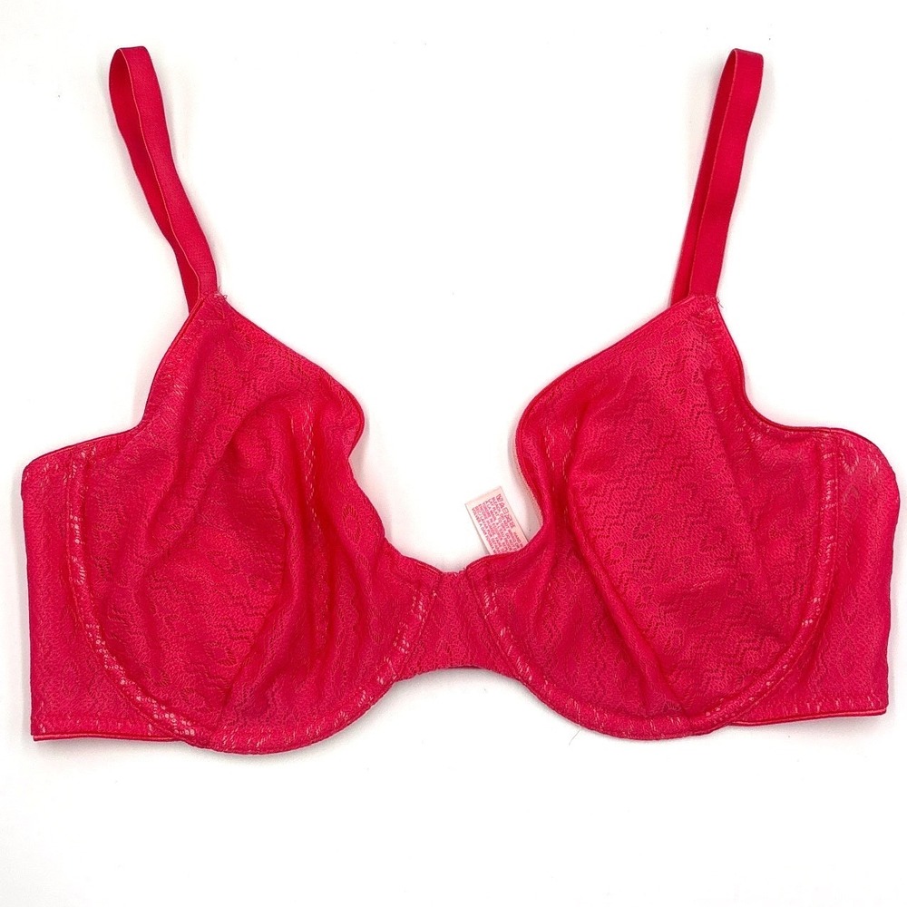 Victorias Secret Unlined Demi Bra 36D Hot Pink Floral Lace Sheer Underwire 1305